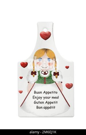 Colored wooden or ceramic cutting board on a white background for bread and cold cuts. Ideal for gift Stock Photo