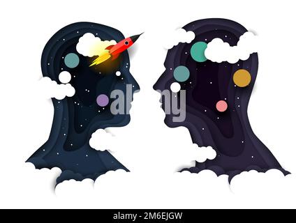 Head silhouettes with rocket, vector paper cut illustration Stock Vector