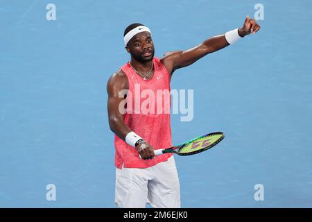 Sydney, Australia. 04th Jan, 2023. Frances Tiafoe of USA celebrates defeating Daniel Evans of Great Britain at the United Cup City Finals Day 7 at Ken Rosewall Arena, Sydney Olympic Park Tennis Centre, Sydney, Australia on 4th January 2023. Photo by Peter Dovgan. Editorial use only, license required for commercial use. No use in betting, games or a single club/league/player publications. Credit: UK Sports Pics Ltd/Alamy Live News Stock Photo