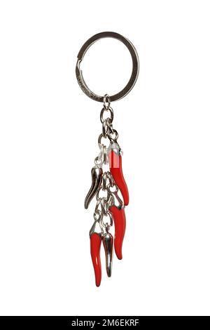 Key rings of various shapes, figures on a white background. Gift for Christmas, Easter, Valentine's Day, Holiday Stock Photo
