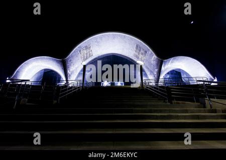 Summer, 2016 - Vladivostok, Russia - Primorsky Oceanarium on the Russian Island. Night illumination of the Primorsky Oceanarium. Stock Photo