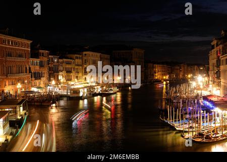 View of the Grand Canal from Rialto Bridge at Night Stock Photo