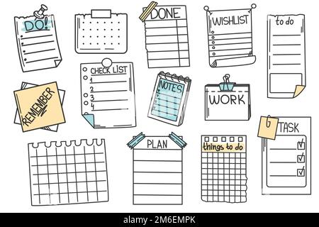 Doodle hand drawing set of memo paper sheets, wishlist, to do list, sticky note, reminder, checklist and task list with check marks. Paper notes of various types isolated on white background. Stock Vector