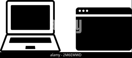 Laptop computer and browser window silhouette icon set. Editable vector. Stock Vector