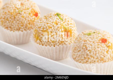 Winter Season Special Traditional Punjabi Mithai Til Bhugga Or Til Bugga Is Made Of Dry Roasted Sesame Seeds With Mava, Khoya, Jaggery, Mawa, Gud, Des Stock Photo