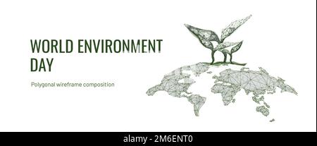 World map with sprout grass. Polygonal wireframe composition. World environment day concept. Abstract illustration isolated on white background Stock Vector