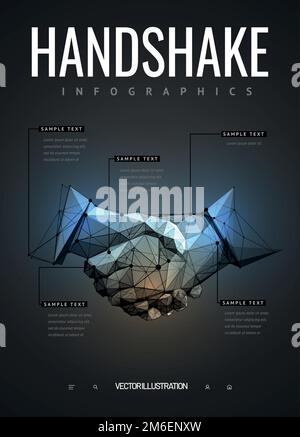 Handshake. Polygonal wireframe composition. Infographics brochure design. Abstract illustration isolated on black background Stock Vector