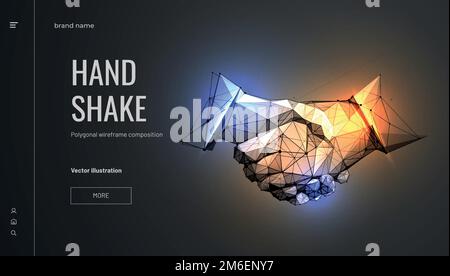 Handshake. Abstract illustration isolated on black background. Polygonal wireframe composition. Gesture hands. Development symbol Stock Vector