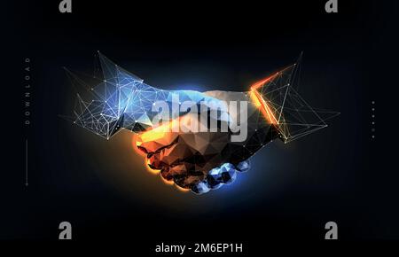 Handshake. Abstract illustration isolated on black background. Polygonal wireframe composition. Gesture hands. Development symbol. Plexus lines Stock Vector