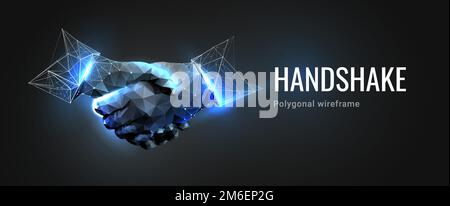 Two hands. Handshake. Abstract illustration isolated on dark background. Polygonal wireframe composition. Gesture hands. Development symbol Stock Vector