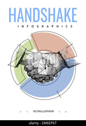 Handshake. Polygonal wireframe composition. Infographics brochure design. Abstract illustration isolated on white background. Particles are connected Stock Vector