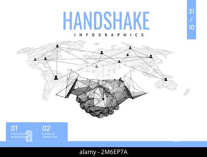 Handshake. Polygonal wireframe composition. Infographics brochure design. Abstract illustration isolated on white background. Particles are connected Stock Vector