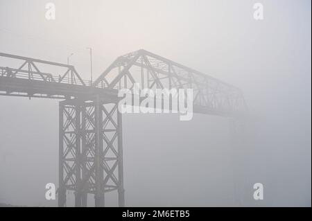 Non Exclusive: 04 January 2023 In Sylhet-Bangladesh: Keen Bridge in Sylhet in deep foggy winter morning in Sylhet, Bangladesh. Cold wave is blowing ac Stock Photo