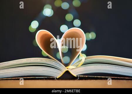 opened buck with sides that are beaten to the heart. Light spot by fairy lights in background with soft bokeh. Love novel for romance. Stock Photo