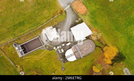 Small sewage treatment plant - top down view Stock Photo