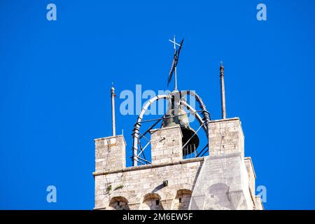 Details of Torre del Mangia - Clear Blue Sky - Siena, Tuscany, Italy Stock Photo