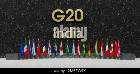 Flags G20 membership , Concept of the G20 summit or meeting , summit India, G20 2023, 3d illustration and 3d work Stock Photo