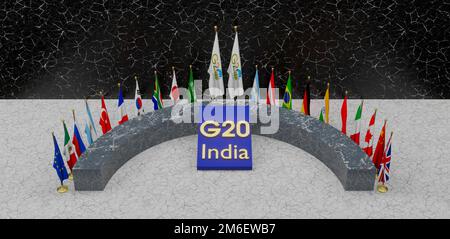 Flags G20 membership , Concept of the G20 summit or meeting , summit India, G20 2023, 3d illustration and 3d work Stock Photo