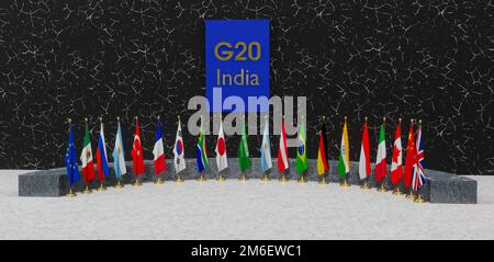 Flags G20 membership , Concept of the G20 summit or meeting , summit India, G20 2023, 3d illustration and 3d work Stock Photo