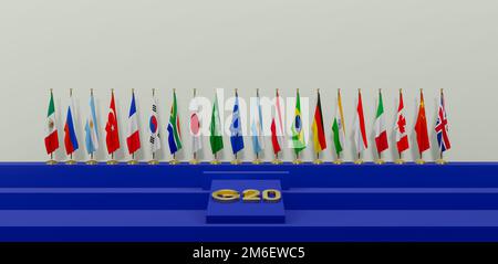 Flags G20 membership, Concept of the G20 summit or meeting, G20 summit 2023 2024, Group of Twenty members, 3d illustration and 3d work Stock Photo