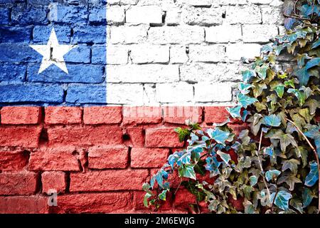 Chile grunge flag on brick wall with ivy plant, country symbol concept Stock Photo