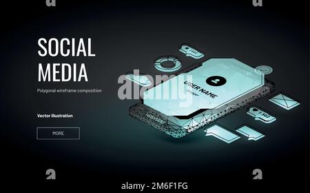 Account in social media. Isometric Low poly wireframe style.Pop-ups tell about likes and messages on the background of the smartphone.Tools for SEO Stock Vector
