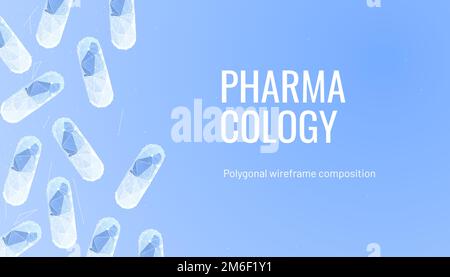 Medication or pill or capsule. Low poly wireframe style. Background for pharmacology. Abstract illustration isolated on blue background. Particles are Stock Vector