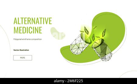Medication or pill or capsule. Low poly wireframe style. Technology and innovation in pharmacology. Banner concept. Particles are connected Stock Vector