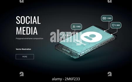 Account in social media.Isometric Low poly wireframe style. Pop-ups tell about likes and messages on the background of the smartphone. Tools for SEO o Stock Vector