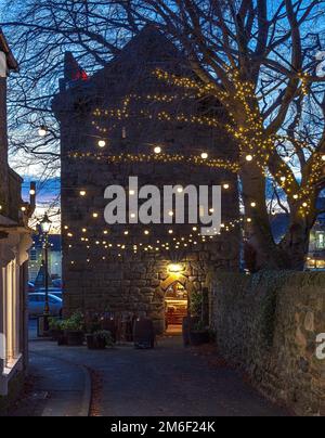 Vicar's Pele Tower at dusk at Christmas, Corbridge, Northumberland, England, United Kingdom Stock Photo