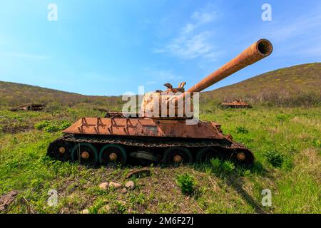 An old rusty tank stands in the middle of thick grass near the seashore. The abandoned battle tank rusted with old age. Stock Photo