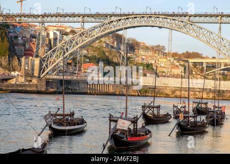 Rabelo boats on the Douro river, Porto, Portugal Stock Photo