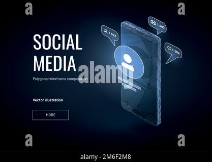 Account in social media.Isometric Low poly wireframe style. Pop-ups tell about likes and messages on the background of the smartphone. Tools for SEO o Stock Vector