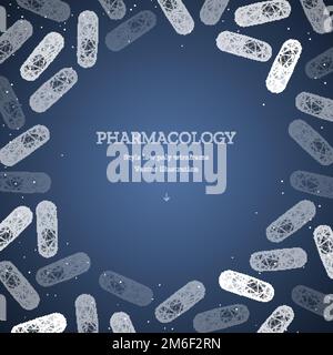 Medication or pill or capsule. Low poly wireframe style. Background for pharmacology. Abstract illustration isolated on blue background. Particles are Stock Vector