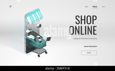 Online store. Smartphone turned into internet shop. Isometric Shopping trolley and smartphone with awning. Concept of marketing and e-commerce.Shop on Stock Vector