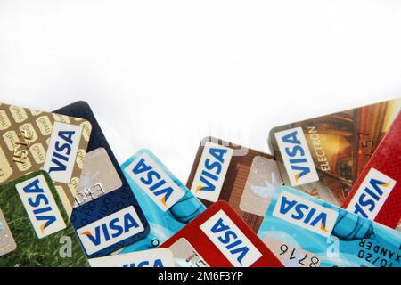 Credit cards of VISA with copy space. Cashless payments Stock Photo