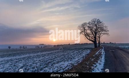 Nature in winter - sunset over a field Stock Photo