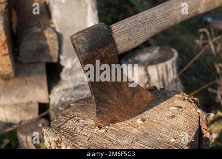 Blade of weathered ax stuck in cut tree trunk closeup Stock Photo