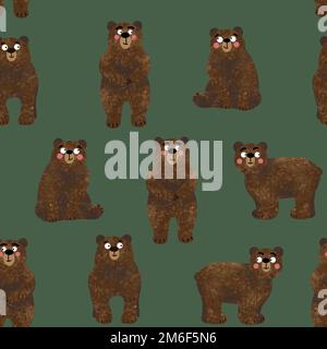 Seamless pattern with cute textured teddy bears. Set of brown funny animals in different poses. Flat illustration on dark green background. Stock Photo