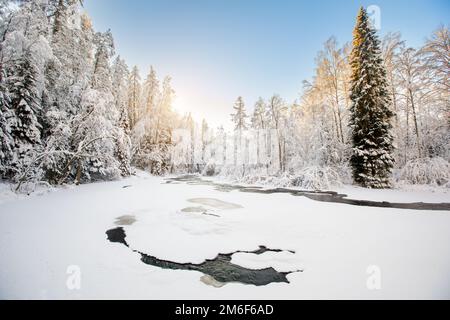 Beautiful winter river and forest Stock Photo