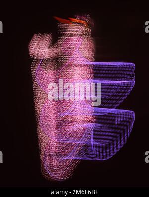 Beautiful colorful background.Long exposure light painting, curvy lines of different color in vibrant neon on black background. Blue,White,Red,Green. Stock Photo