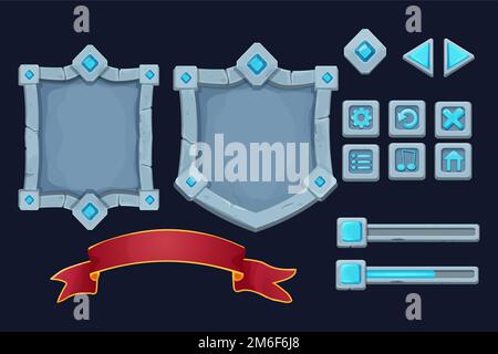 Set stone shield, frame with gemstones, award ribbon game victory board menu and setting icons in cartoon style isolated on background. Magic royal asset, template. Vector illustration Stock Vector