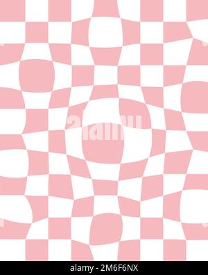 Trippy grid retro distorted chessboard background. Vintage groovy pink abstract geometric pattern for textile. Vector hippie 70s 80s style Stock Vector