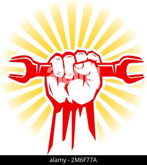 Happy labour day vector label with red fist with wrench on sunrise. Vector template for poster, greeting card on transpatent background Stock Vector