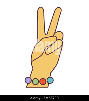 Retro 70s Groovy Hippie sticker hand peace symbol. Psychedelic cartoon element -funky illustration in vintage hippy style. Vector flat illustration Stock Vector