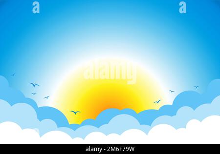 Blue sky with clouds and rising or down yellow sun. Vector background Stock Vector