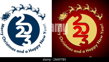 Silhouette of Santa Claus in sleigh with reindeer above 2023 number. Vector template for greeting card, poster, invitation Stock Vector