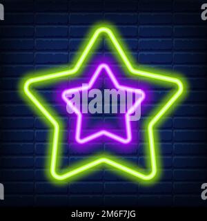 Christmas neon green star icon. Neon green Christmas star shape on dark blue brick wall background. New Year symbol isolated vector Illustration Stock Vector