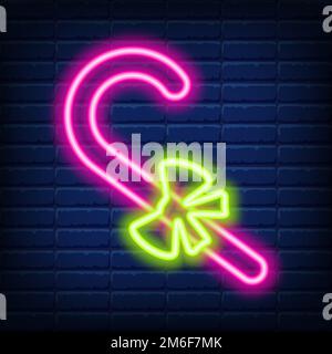 Christmas neon pink candy icon. Neon green Christmas star shape on dark blue brick wall background. New Year symbol isolated vector Illustration Stock Vector
