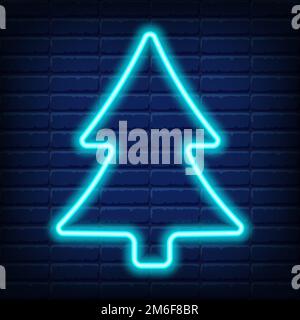 Christmas neon fir tree icon. Neon green Christmas tree shape on dark blue brick wall background. New Year symbol isolated vector Illustration Stock Vector